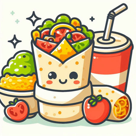 Illustration of a Fast Food Taco Mascot Character with a Soda Drink and Vegetablesのイラスト素材