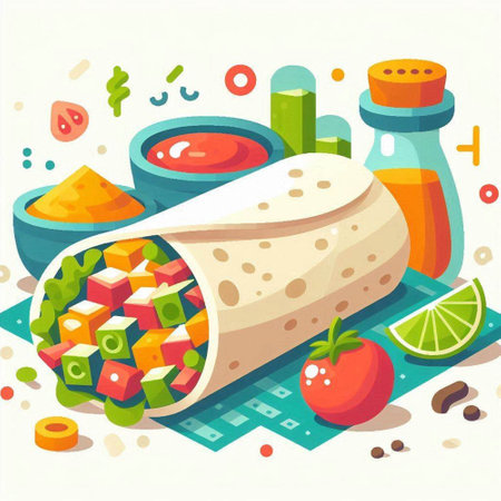 Mexican burrito with vegetables and sauce. Vector illustration in flat styleのイラスト素材