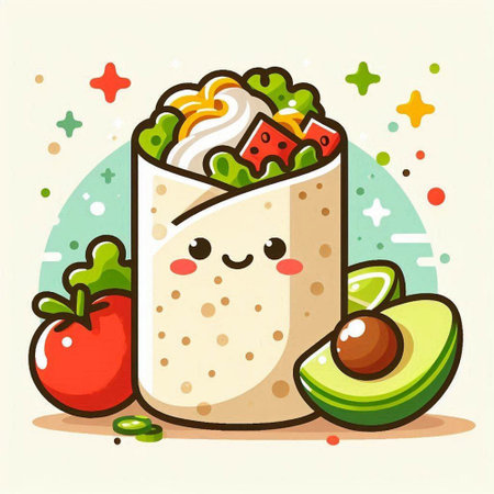 Tortilla wrap with avocado, tomato and salad. Vector illustration.のイラスト素材