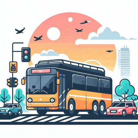 Bus on the road in the city. Vector illustration in flat styleのイラスト素材