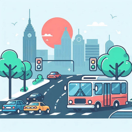 City traffic with cars and buses. Vector illustration in flat style.のイラスト素材