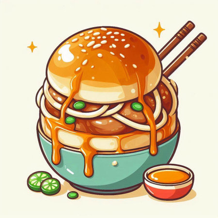 Hamburger in bowl with sauce and chopsticks. Vector illustration.のイラスト素材