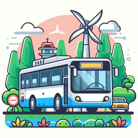 Vector illustration of electric bus and wind turbine in the city park.のイラスト素材