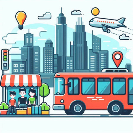 Bus station with people on the background of the city. Vector illustrationのイラスト素材