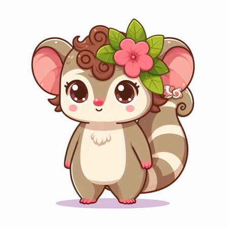 Cute cartoon raccoon with flower in her hair. Vector illustration.のイラスト素材