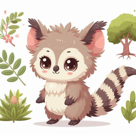 Cute cartoon raccoon. Vector illustration of wild animal in forest.のイラスト素材