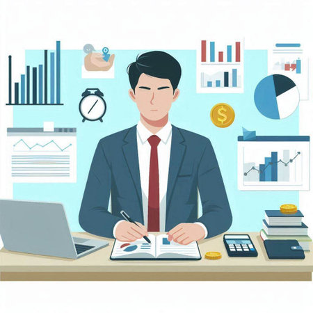 Businessman working at office desk. Vector illustration in flat style.のイラスト素材