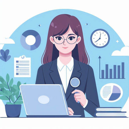 Business woman working with laptop in office. Vector illustration in flat styleのイラスト素材
