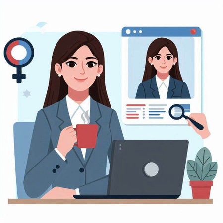 Business woman with laptop and cup of coffee in hand. Vector illustrationのイラスト素材