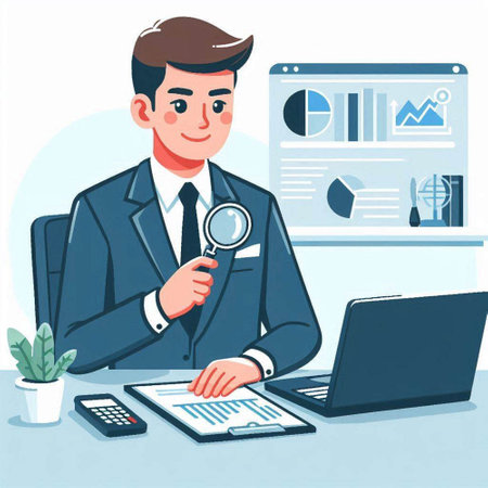 Businessman analyzing financial data with magnifier. Vector illustration in cartoon styleのイラスト素材
