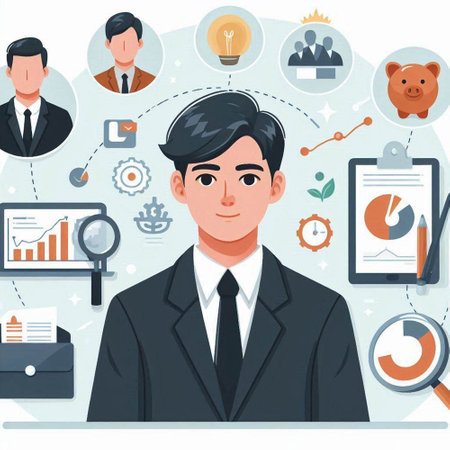 Businessman sitting at desk in office and looking at camera. Vector illustrationのイラスト素材