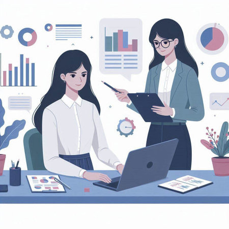 Two businesswomen working together in office. Vector illustration in flat style.のイラスト素材