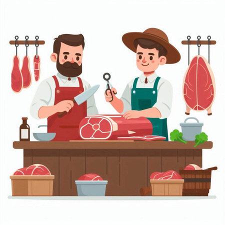 Butcher and butcher shop. Butcher shop. Vector illustration in cartoon styleのイラスト素材