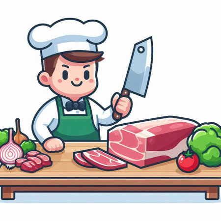 Chef cooking meat with knife in the kitchen. Vector illustration.のイラスト素材