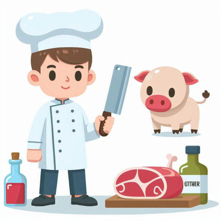 Chef cooking with meat and vegetables. Vector illustration in cartoon styleのイラスト素材