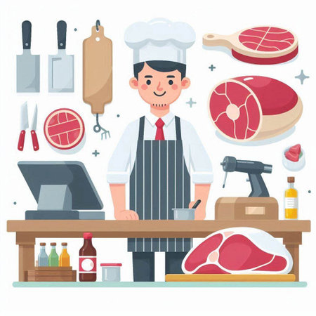 Butcher man working in butcher shop. Male character in uniform and apron cooking meat. Vector illustration in flat styleのイラスト素材