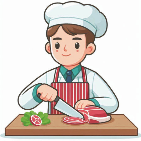 Chef cutting meat on a cutting board. Vector clip art illustration.のイラスト素材
