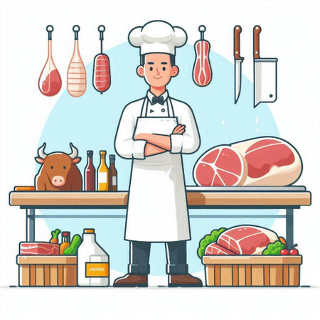 Butcher and meat products. Vector illustration in flat cartoon style.のイラスト素材
