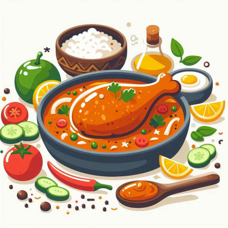 Chicken soup in a frying pan with vegetables and spices. Vector illustration.のイラスト素材