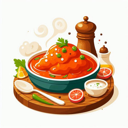 Spicy tomato sauce in bowl on wooden board. Vector illustration.のイラスト素材