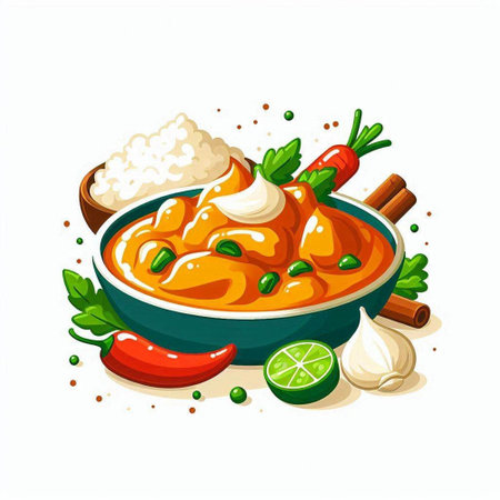 Illustration of chicken curry in bowl with ingredients on white background.のイラスト素材