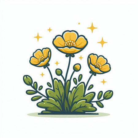 Illustration of yellow flowers with stars on white background. Vector illustration.のイラスト素材