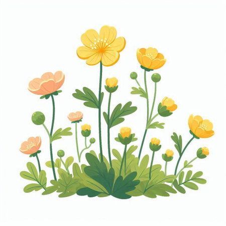 vector illustration of a field of buttercups on a white backgroundのイラスト素材