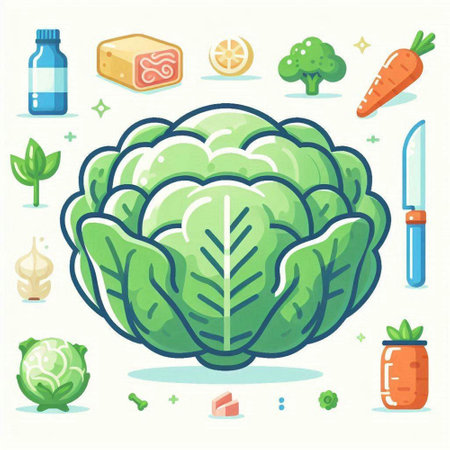 Cabbage, vegetables and fruits. Vector illustration in flat style.のイラスト素材