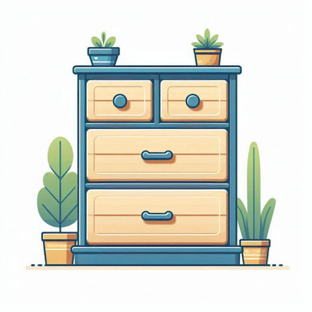 Wooden chest of drawers with plants in pots. Vector illustration.のイラスト素材