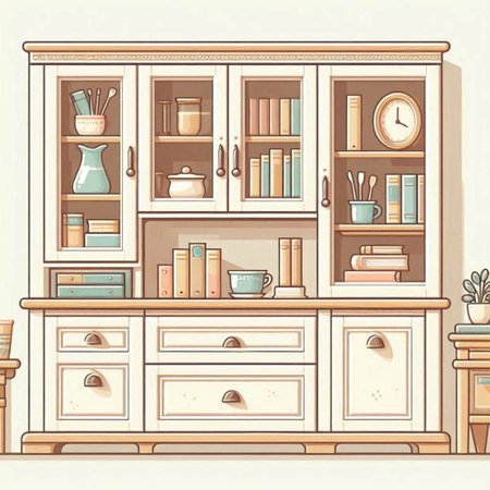 Cabinet with books and other items. Vector illustration in retro style.のイラスト素材