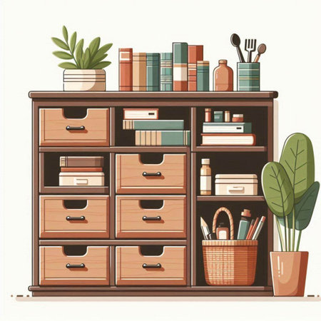 Vector illustration of a wooden bookcase with books, pencils, brushes and plants.のイラスト素材
