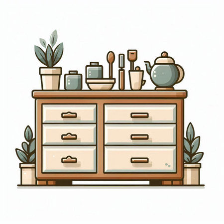 Wooden chest of drawers with furniture and plants. Vector illustration.のイラスト素材