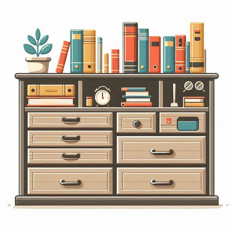 Wooden chest of drawers with books and clock. Vector illustration.のイラスト素材