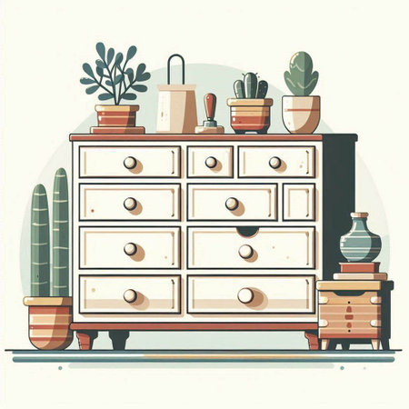 Vector illustration of a chest of drawers with various potted plantsのイラスト素材