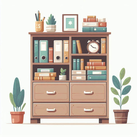 Bookshelf with books and plants. Vector illustration in flat styleのイラスト素材