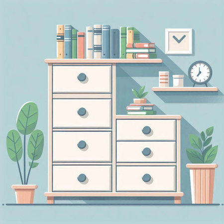 Bookshelf with books and plants. Vector illustration in flat styleのイラスト素材