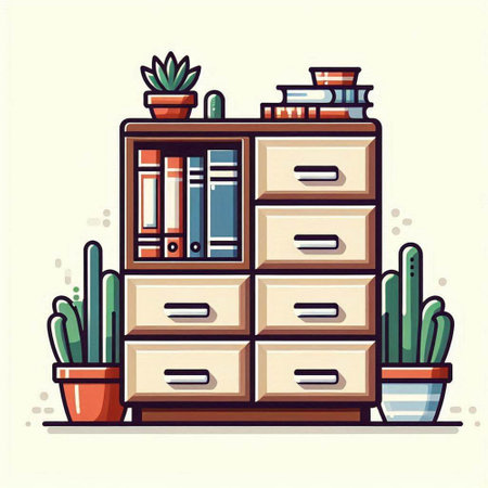 Illustration of a cabinet with books and cacti. Vector illustration.のイラスト素材