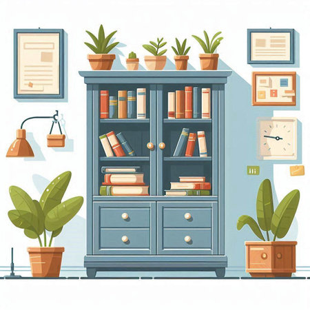 Bookcase with books and plants in flat style. Vector illustration.のイラスト素材