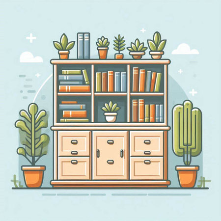 Vector illustration of a bookshelf with books and plants in flat styleのイラスト素材