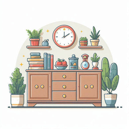 Vector illustration of a cabinet with books, potted plants and clock in a flat style.のイラスト素材