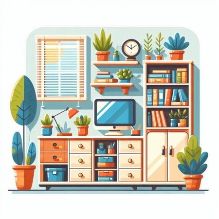 Modern living room interior with furniture and plants. Flat vector illustration.のイラスト素材