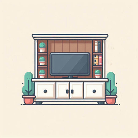 Illustration of home interior with TV, bookshelf and plantsのイラスト素材
