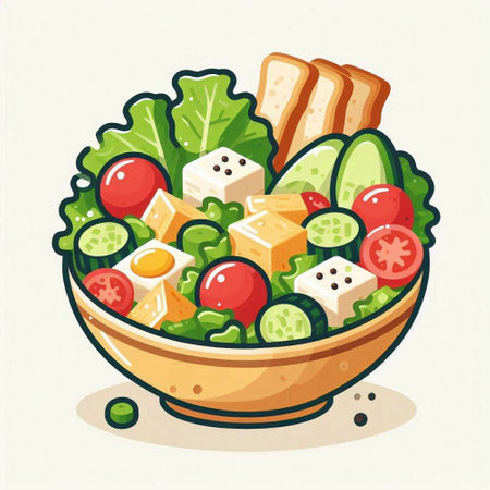 Salad in bowl. Vector illustration of vegetable salad in bowl.のイラスト素材