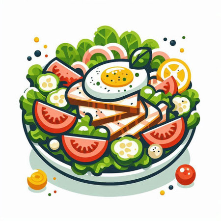 Salad with egg, tomato and cucumber. Vector illustration.のイラスト素材