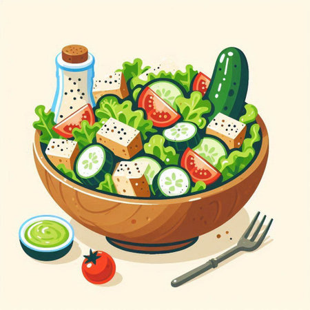 Vegetable salad in a bowl. Vector illustration of a healthy food.のイラスト素材