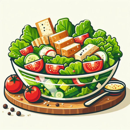 Vegetable salad in a bowl. Vector illustration of a healthy food.のイラスト素材