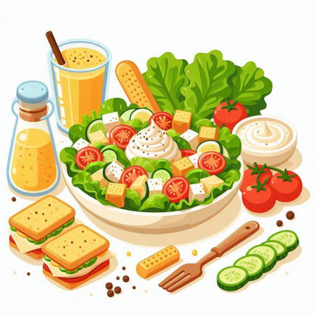Salad with cheese, tomato, cucumber and lettuce. Vector illustrationのイラスト素材
