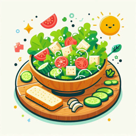 Healthy salad in a bowl with cheese, tomato, cucumber, onion and bread. Vector illustration.のイラスト素材