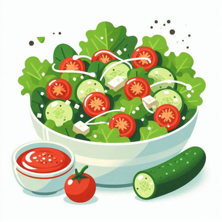 Salad with cucumber, tomato and cheese. Vector illustration.のイラスト素材