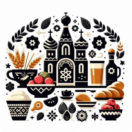 Flat design vector illustration concept of Jewish holiday Hanukkah. Icons of food, bread, wine, wine, wine, bread, wine, wine, easter egg.のイラスト素材